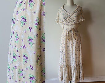 70's ruffled floral peasant maxi prairie skirt with matching shawl; boho hippie skirt romantic skirt size M