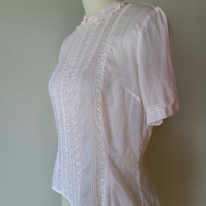 50's sheer lace blouse/ pink cotton fitted button back blouse with lace / by Patty Woodard of California size XS image 7