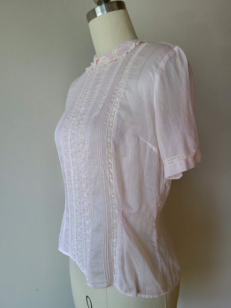 50's sheer lace blouse/ pink cotton fitted button back blouse with lace / by Patty Woodard of California size XS image 7