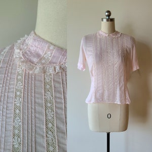 50's sheer lace blouse/ pink cotton fitted button back blouse with lace / by Patty Woodard of California size XS image 1