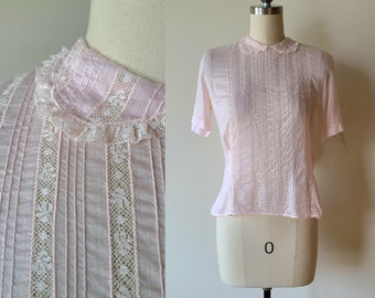 50's sheer lace blouse/ pink cotton fitted button back blouse with lace / by Patty Woodard of California size XS