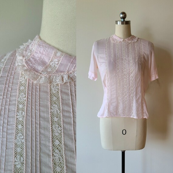50's sheer lace blouse/ pink cotton fitted button… - image 1