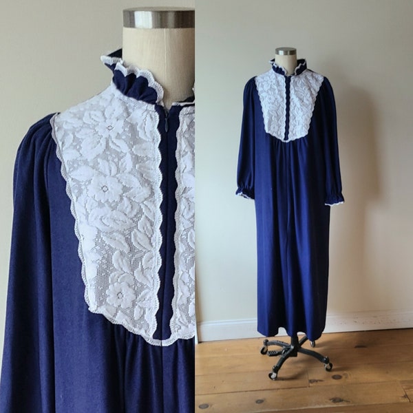 60s Robe / full length royal blue velour robe with white lace trim / granny fleece robe / cottage core robe / ultra plush by Sears size M