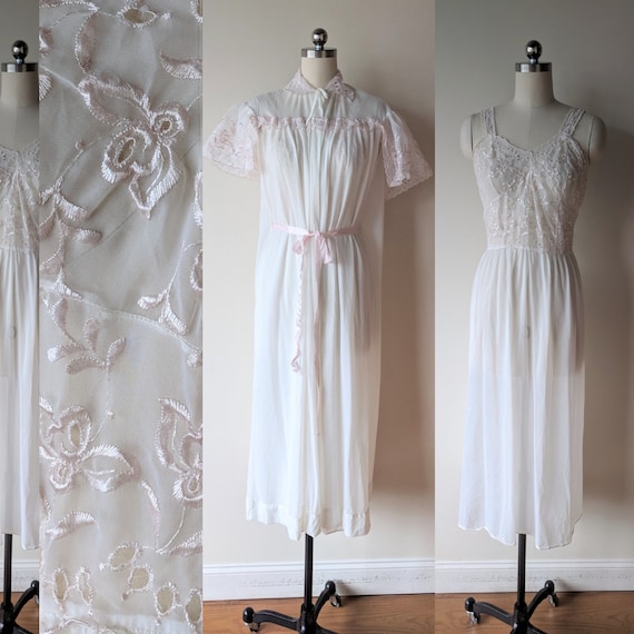 50s Tula peignoir set/ white gown and robe with sh