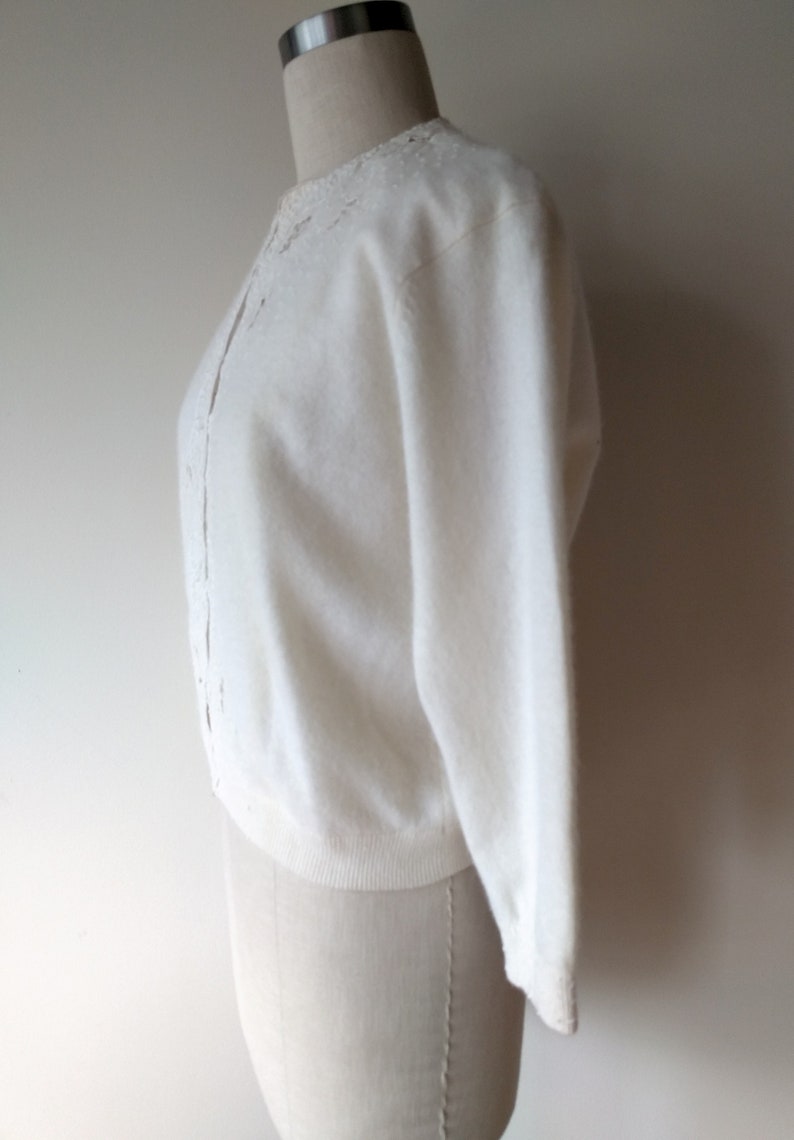 50/'s beaded sweater lambs wool off white beaded cutwork cardigan sweater by Contemporary Classics size smallmedium