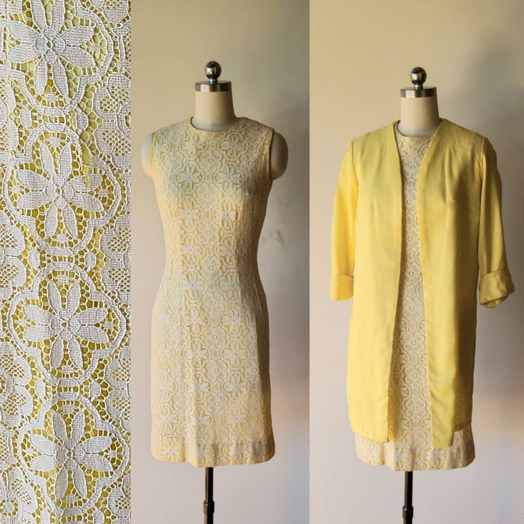 60s Dress Coat Set / Daisy Lace Wiggle Dress/ Yellow Dress Etsy