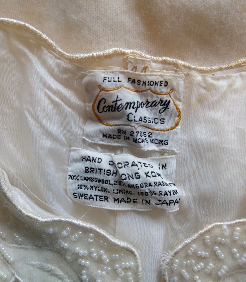 50/'s beaded sweater lambs wool off white beaded cutwork cardigan sweater by Contemporary Classics size smallmedium