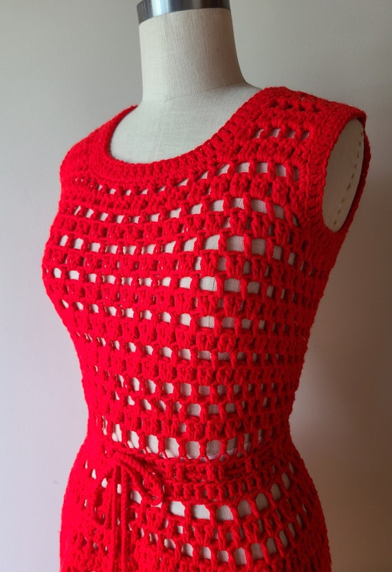 60's-70's crochet dress / handmade red crochet mi… - image 3