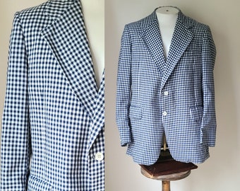 70s check sport coat / mens gingham check sport jacket /  blazer cotton blue and white check sport coat  size 44 long