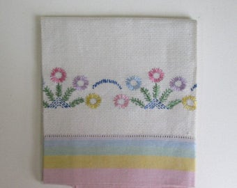 Vtg Linen Tea Towel / Hand Embroidered floral hand towel / woven striped border with sprays of pastel flowers /