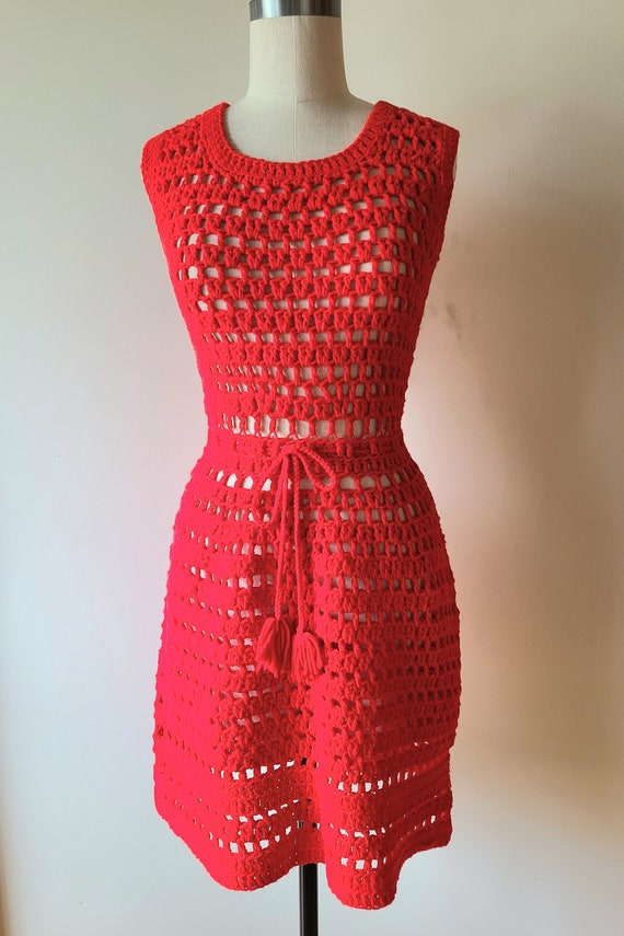 60's-70's crochet dress / handmade red crochet mi… - image 2