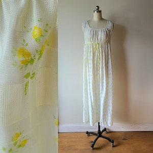 60&#39;s nightgown / empire waist peasant gown/ small print floral  maxi gown/ yellow rose floral /  regency style / size XS