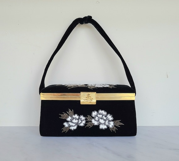 50's box purse / Japan Art Industries black velve… - image 1