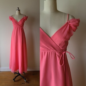 70s maxi dress/ House of Bianchi pink chiffon wrap front off shoulder formal dress / empire waist juliet prom dress /  size XXS