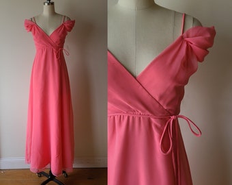 70s House of Bianchi pink chiffon wrap front off shoulder formal empire waist Juliet maxi prom dress size XXS