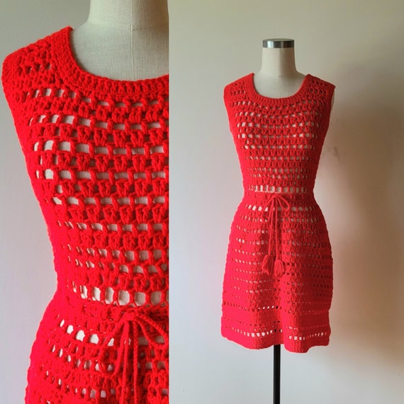 1970s Open Weave Cut Out Crochet Red Knit Dress