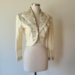 Rare Vintage 80s Caché gold label avant-garde Cage Cuff Ivory Cropped statement blazer jacket size 8