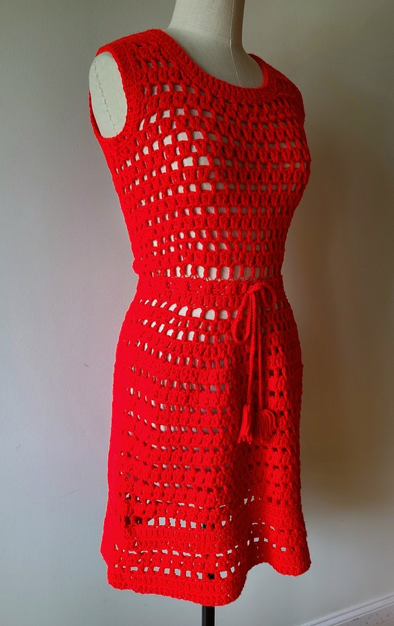 60's-70's crochet dress / handmade red crochet mi… - image 5