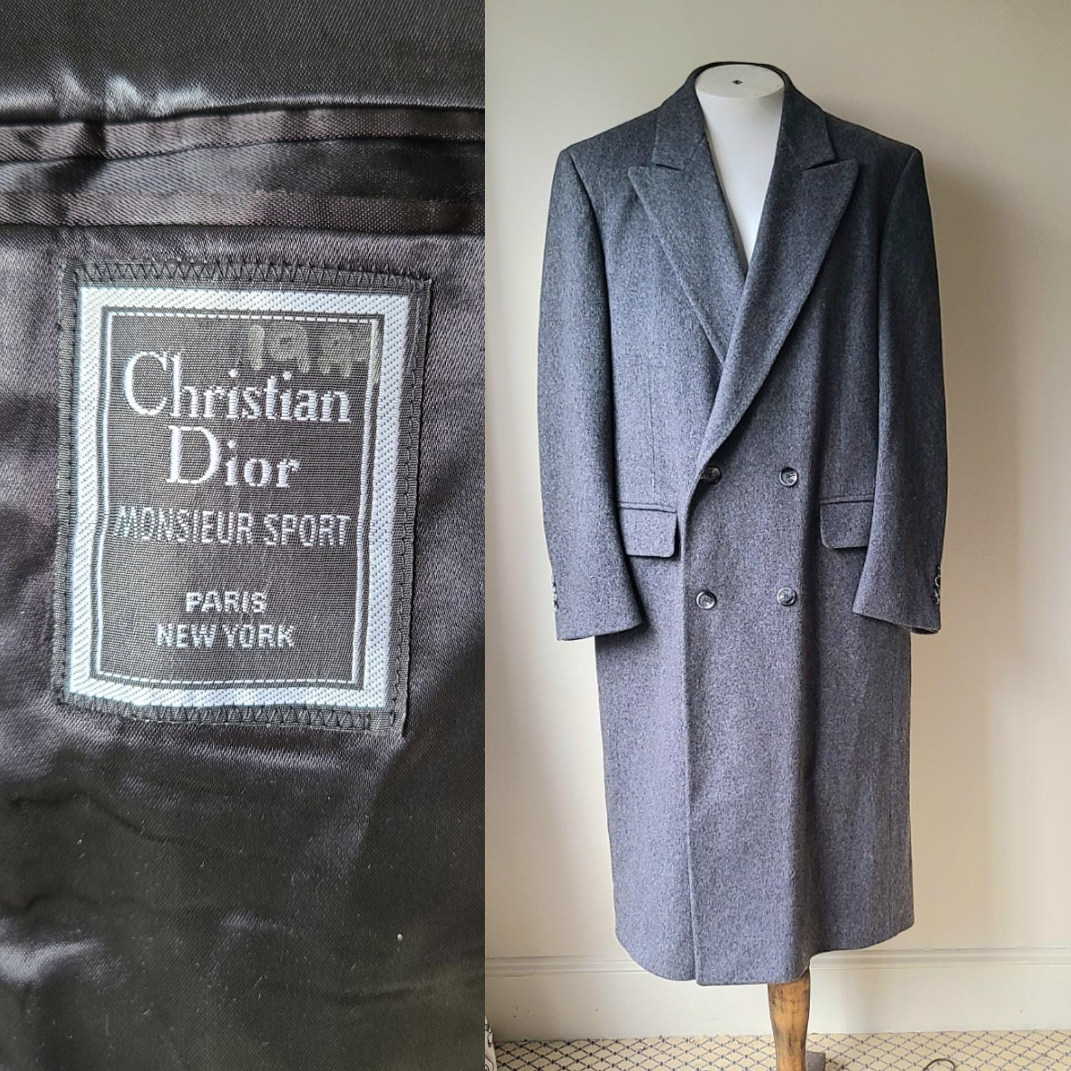 70's Christian Dior Wool Overcoat / Gray Wool Double Breasted