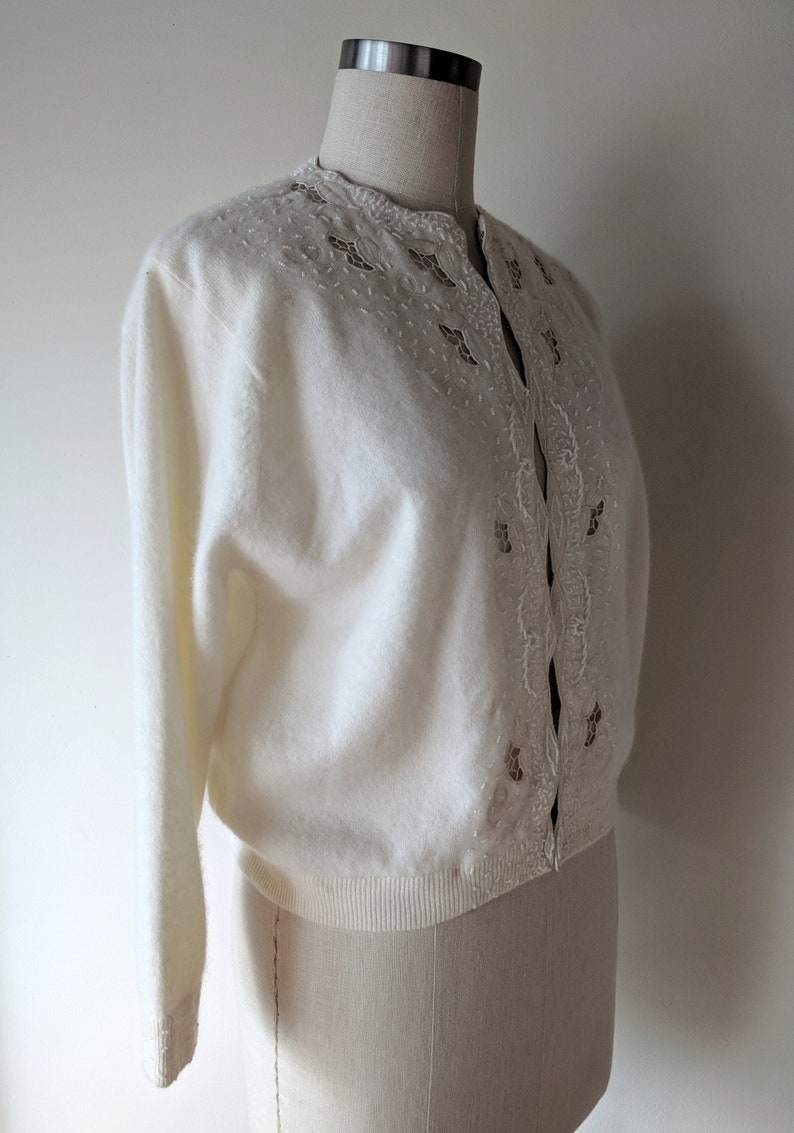 50/'s beaded sweater lambs wool off white beaded cutwork cardigan sweater by Contemporary Classics size smallmedium