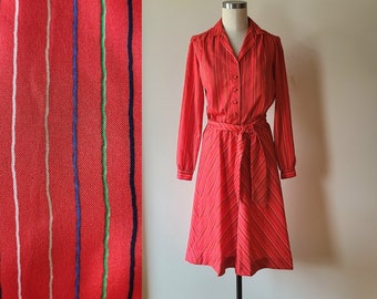 70's dress/ ted striped shirt waist dress/  button front fit and flare dress /  silky polyester dress / by Young Traditions Size M