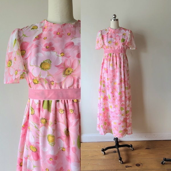 60's maxi dress / pink daisy chiffon maxi dress/ bridesmaid dress / empire waist flutter sleeve prom dress / dogwood Blossom size XS