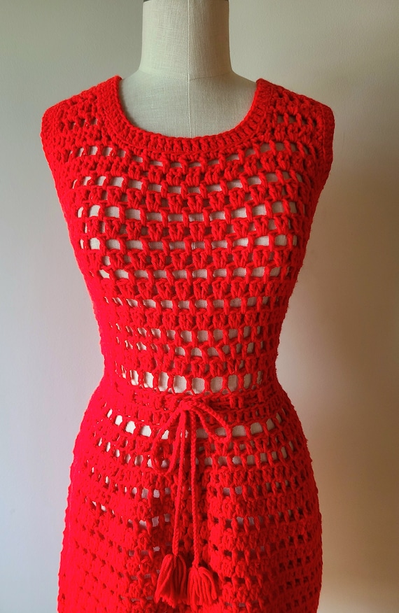 60's-70's crochet dress / handmade red crochet mi… - image 4