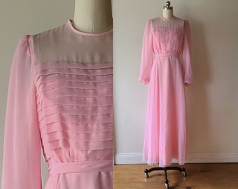 70s maxi dress/i pink chiffon prom dress / formal dress /  bridesmaid dress / tuck front bell sleeve dress / size XXS-XS