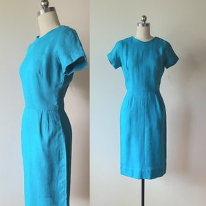 60&#39;s wiggle dress/ turquoise linen sheath dress / aqua blue day dress/ from Nantucket Naturals size extra small