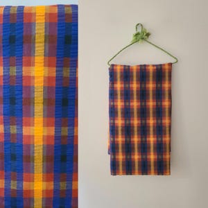 5 yrds vintage plaid seersucker fabric / plisse plaid red/orange blue and yellow