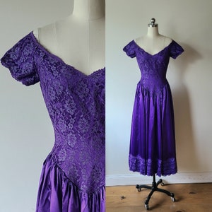 80s formal dress /  purple satin and lace evening dress /  Laura Ashley style drop waist off shoulder dress / bridesmaid dress / size XS