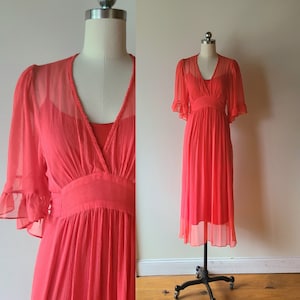 Y2K Betsy Johnson dress / silk  boho sheer midi dress / hippie dress / flutter sleeves dress / orange /  size 2