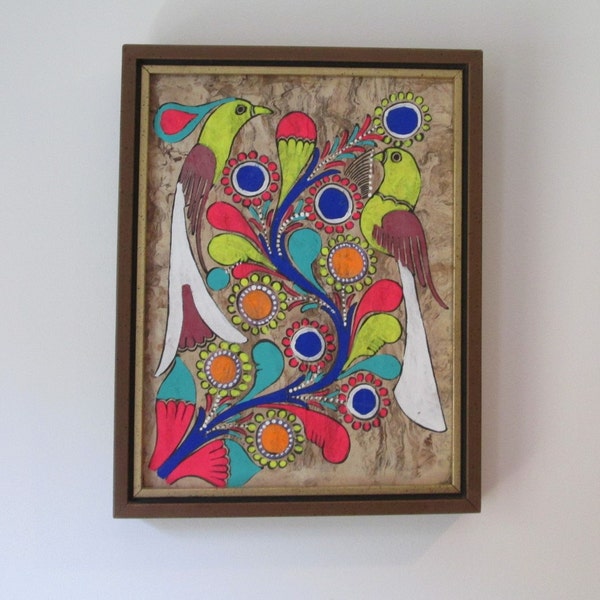 Vtg Neon Amate Psychedelic original bark painting Birds Mod flowers Custom Framed