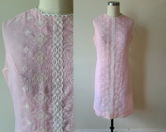 60's mod dress / organdy embroidered shift dress/ semi sheer summer sheath dress /  by Miss Donna  size medium