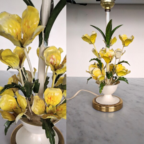 60 's Tole lamp/Yellow geschilderde metalen bloem lamp/spaaachtig verf bloemen lamp