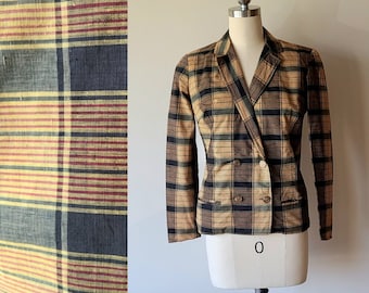 Vintage 60's Indian Madras woman's double breasted cotton plaid blazer jacket size XS