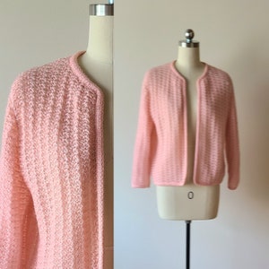 60&#39;s Rosanna Mohair cardigan sweater / Peachy Pink lacey cabel knit open cardigan / rockabilly / Hand knit size small