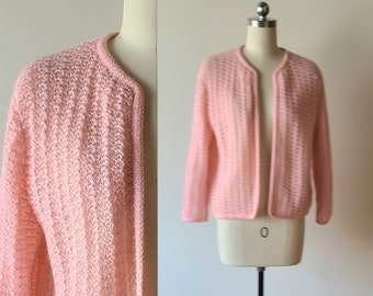 60's Rosanna Mohair cardigan sweater / Peachy Pink lacey cabel knit open cardigan / rockabilly / Hand knit size small