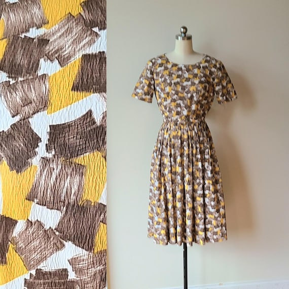 60s Dress / Belted Fit Flare Day Dress / Geometric Brushstroke Watercolor Brown and Gold Dress / Size XS - Etsy 60s Dress / Belted Fit Flare Day Dress / Geometric Brushstroke Watercolor Brown and Gold Dress / Size XS - Etsy
