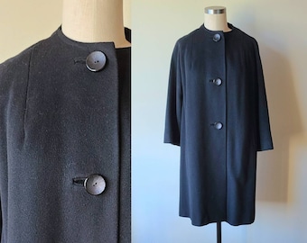 50s-60s cashmere coat / black cashmere full coat with oversized buttons / hand tailored coat size small