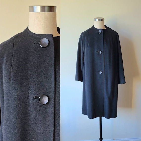 50s-60s cashmere coat / black cashmere full coat … - image 1