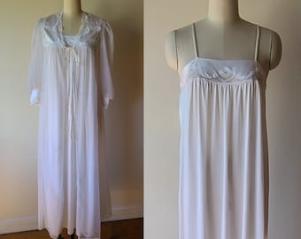 80's Miss Elaine lingerie set /White nylon long gown with chiffon robe / Bridal honeymoon peignoir set size XS