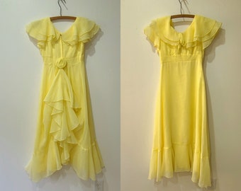 70s girls maxi dress/ sheer ruffled party dress/ boho hippie maxi dress / yellow junior bridesmaid dress/ JC Penney girls size 8