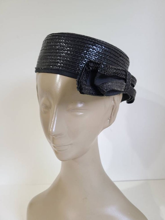 Vintage 50s Jack McConnell Navy blue Straw Pillbo… - image 3
