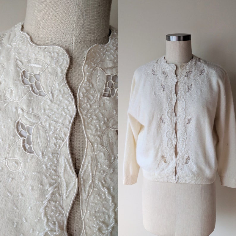 50/'s beaded sweater lambs wool off white beaded cutwork cardigan sweater by Contemporary Classics size smallmedium