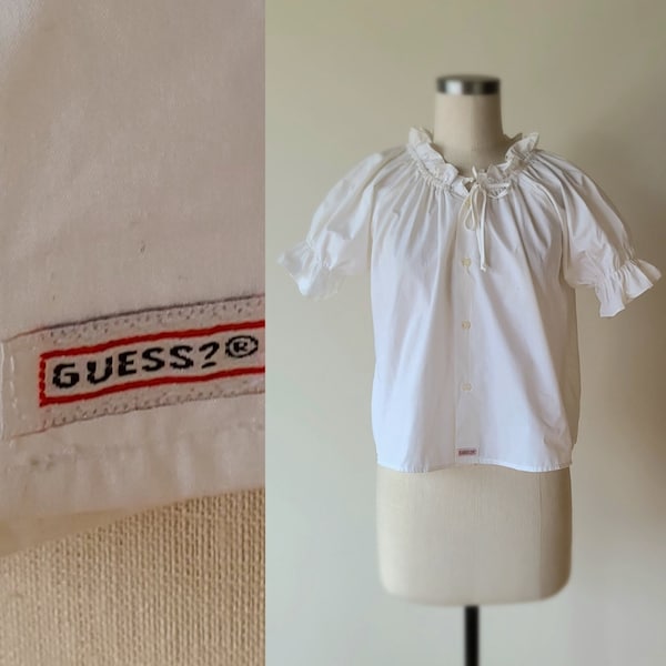 90's NOS GUESS Peasant Blouse / Georges Marciano Guess white cotton cropped puffed sleeve blouse/ off shoulder blouse / size medium/large