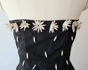50's dress  strapless sweetheart neckline black cocktail wiggle dress  fit and flare LBD  flower and rhinestone dress  size extra small