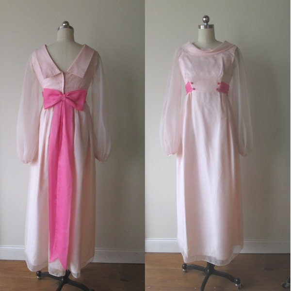 60's Sylvia Ann dress / prom dress / Pink Bridesmaid  Dress with HOT Pink Bow / chiffon maxi dress /size extra small