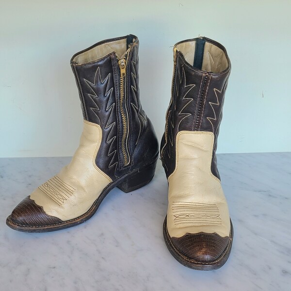 Vintage cowboy boots/ Brown Leather Ankle Boots/ side zip western ankle boots / two toned brown creme boots / mens Size 8 1/2