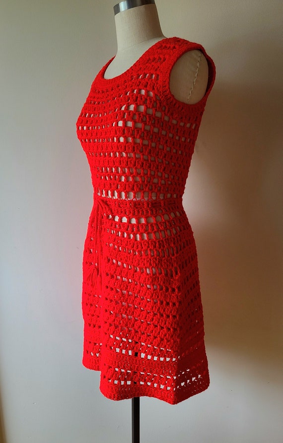 60's-70's crochet dress / handmade red crochet mi… - image 6